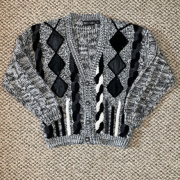 Vintage 80s Street Scenes Chunky Knit Leather Patches Cardigan - Black & White - Picture 3 of 15